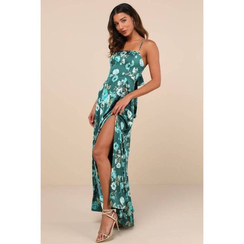 Lulus Sincerely Romantic Green Floral Satin Tie-back Maxi Dress - Size XS